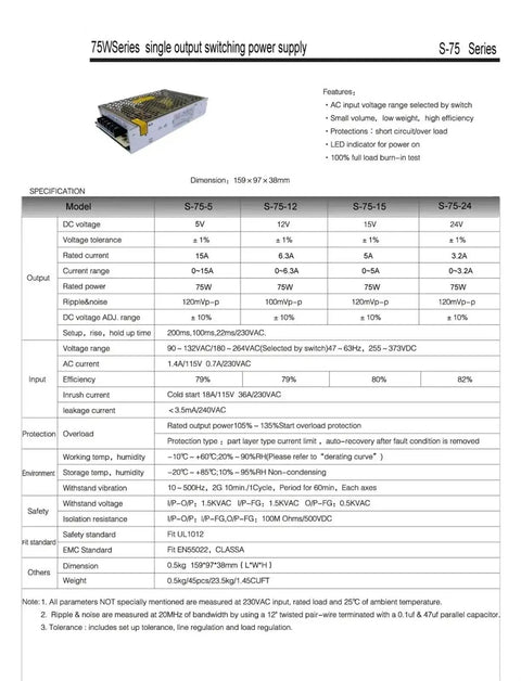 High Efficiency 75W 24V 3A Single Output Switch Mode Power Supply SMPS specifications sheet for industrial use