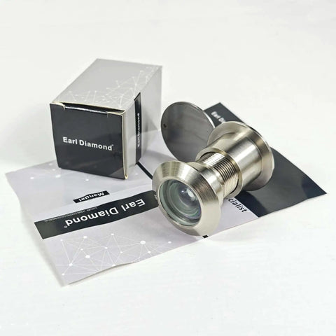 Solid Brass Door Peephole Viewer with 220 Degree HD Lens, heavy duty privacy cover, satin nickel finish, shown with packaging