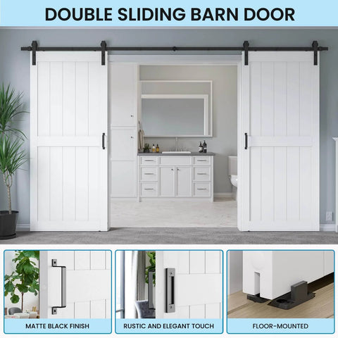 Front view of 72 by 96 Inch Double Barn Door With 12Ft Sliding Hardware Kit Included, Waterproof PVC Surface, White H Frame, installed.