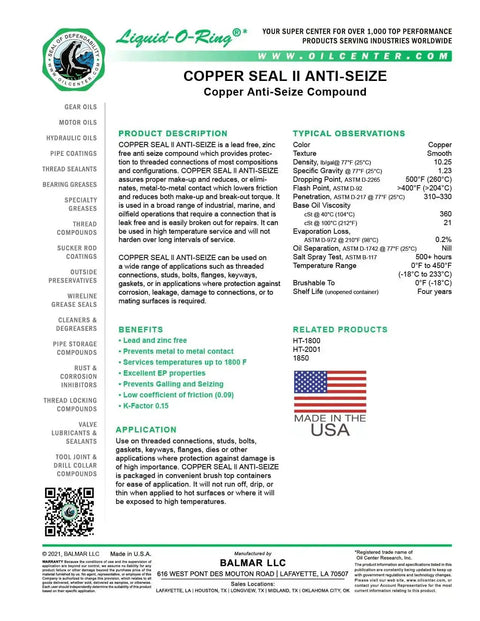 Product information sheet for High Temp Copper Anti Seize Lubricant 1800F For Spark Plugs Exhaust Manifolds Bolts And Brakes.