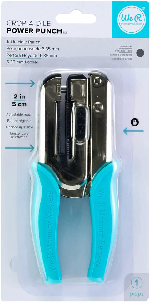 Crop-A-Dile Power Punch For One Quarter Inch Holes Scrapbooking Tool in packaging, showcasing 2-inch reach, blue handles