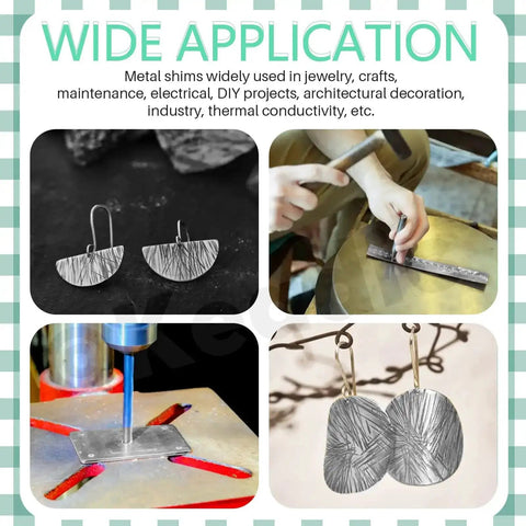 Wide application of metal shims in jewelry, crafts, DIY projects, and industry, showing various usage examples and installations.