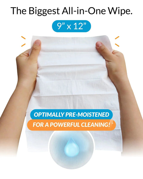 Hands holding a 9x12 inch XL screen cleaning wipe, optimally pre-moistened for powerful cleaning.