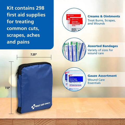 Comprehensive 298 Piece All-Purpose Emergency First Aid Kit for Home Office Car and Travel in a Compact Pouch with contents shown