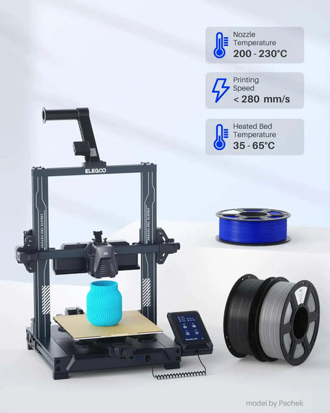 3D printer setup with PLA Plus Filament 1.75mm white 2kg dual spool pack for most FDM printers and temperature settings displayed.