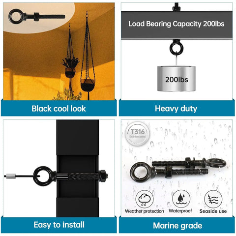 Collage showing Five Pack 3 Inch Black Eye Bolts With Nuts Washers and Drill Bit T316 Stainless Marine Grade Beefy Heavy Duty Eyebolts
