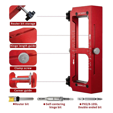 Adjustable Door Hinge Jig Kit With Pro Grade Aluminum Alloy Router Template, parts labeled, red aluminum design, DIY use.