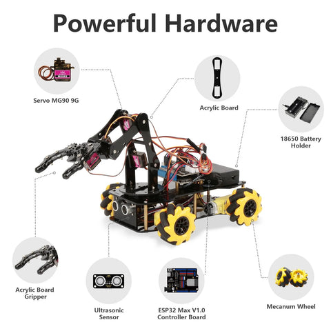 ACEBOTT Robot Arm Expansion Pack with MG90G servo, acrylic boards, ESP32 controller, ultrasonic sensor, 18650 battery holder, yellow wheels