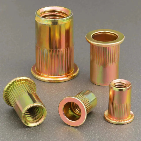 Assorted 10-32UNC Rivet Nut Kit Carbon Steel Zinc Plated Knurled Body 200 Pcs, highlighting threaded inner structure