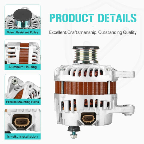 110 Amp Replacement Alternator For NV200 2013-2014 2.0L Sentra 2007-2009 2.0L Versa 2007-2009 1.8L Plug And Play 12V Easy Install OEM-Quality Auto Electrical Part; image shows detailed product features such as aluminum housing and precise mounting holes.