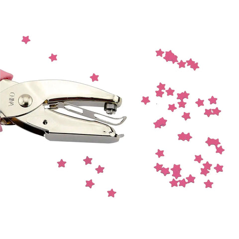 1/4 Inch Star Hole Punch With Soft Grip Handle for tags and crafts, creating pink star shapes, handheld design with scraps cage