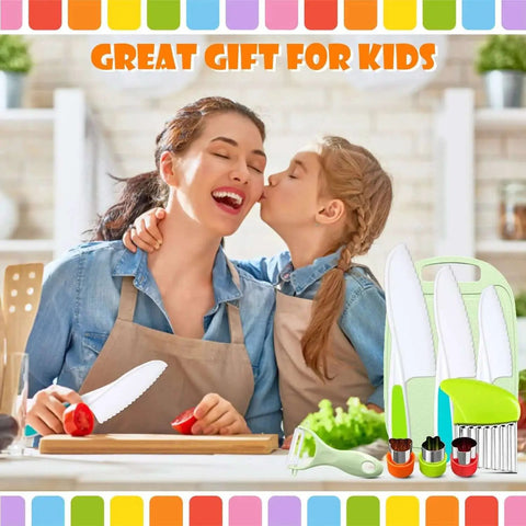 Kids Kitchen Knife Set Nine Pieces For Real Cooking With Cutting Board Y Peeler Crinkle Cutter Sandwich Cutter
