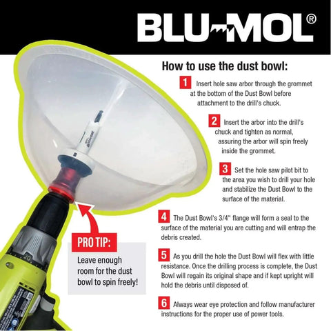 Mess Free RemGrit Blu Mol Collapsible Dust Bowl For Hole Saws And Recessed Light Installations in use with drill attached