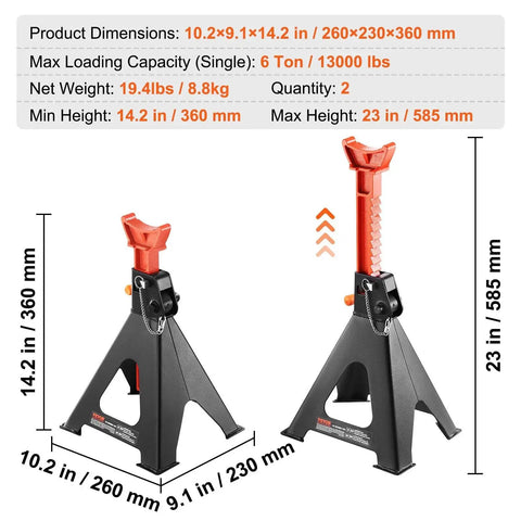 6 Ton Jack Stands With Double Locking Adjustable 14.2 To 23 Inches For SUV UTV shown with specifications and height differences.