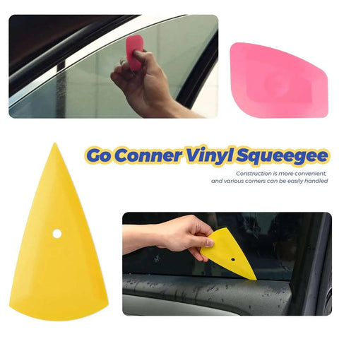Pro Grade Seven Piece Vinyl Wrap Tool Kit For Window Tinting Car Auto Tinting Tools Set Includes Rubber Squeegees Felt Squeegee Scrapers Contour Tool White Block Squeegee And Cutting Knife For Smooth Film Application with a pink and yellow squeegee being used on car windows.