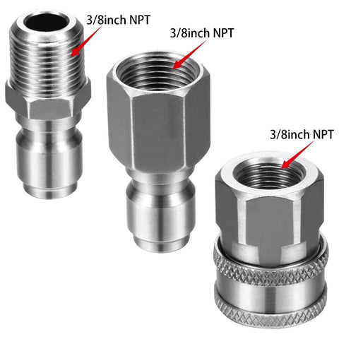 Stainless Steel NPT Three Eighth Inch Quick Connector Kit For Pressure Washers With Male And Female Adapters Two Pack