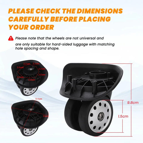2 Pack Perforated 360 Degree Swivel Luggage Wheels Casters Black with dimensions and installation note for suitcases