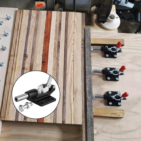 4 Pack GH 305C Push Pull Toggle Clamp Kit with Quick Release Stroke visible installed on jig, holding wooden boards for woodworking.