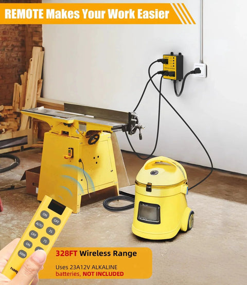 Automatic Vacuum Switch With Remote Control Delay 3/7/10 Seconds For Dust Collection And Tool Power, installed in workshop