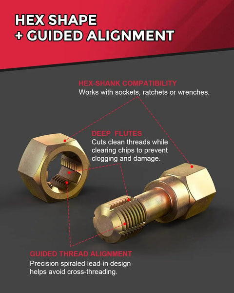 Hex-shaped thread tools from Ultimate Heavy Duty Thread Repair Kit for rethreading damaged threads, shown with labels for features.
