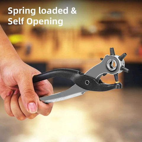 Hand holding Heavy Duty 9 Inch Leather Hole Punch Tool Rotary Belt Hole Puncher with ergonomic non-slip handle, spring loaded.