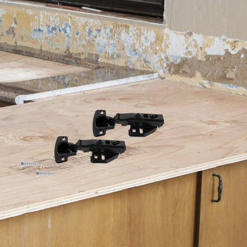 Full Overlay Cabinet Door Hinges With Self Closing Soft Close 2 Pack Metal Cabinet Hinges For Kitchen And Furniture Doors With Damping Mechanism By Cabilock displayed on wooden surface with screws.