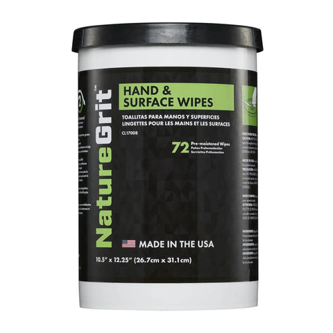 Front view of container labeled 'Nature Grit Hand & Surface Wipes' with 72 pre-moistened wipes, featuring Heavy Duty Mechanic Hand And Surface Wipes Degreaser For Grease And Grime.