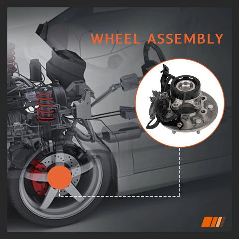 Front Driver Left Wheel Hub and Bearing Assembly For Direct-Fit 2WD Chevrolet Colorado 2004-2008, GMC Canyon 2004-2008, Isuzu I-280 2006, I-290 2007-2008 With ABS shown next to vehicle suspension diagram