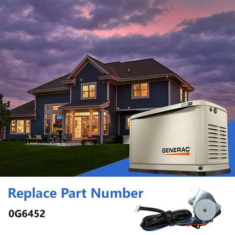 White Generac home standby generator outdoors with 0G6452 stepper motor and wiring