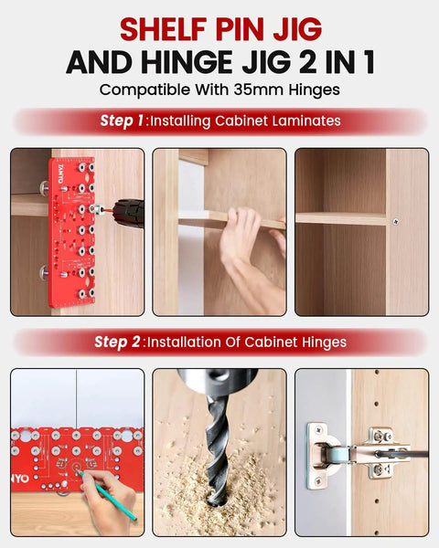 Two In One Shelf Pin And Hinge Jig With Adjustable Quarter Inch Drilling Guides, Lightweight Aluminum Cabinet Hardware Jig For 5mm Straight Holes in use