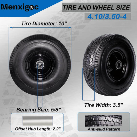Heavy Duty 10 Inch Flat Free Tire And Wheel Set For Hand Trucks Garden Wagons Carts And Dollies, side view with measurements