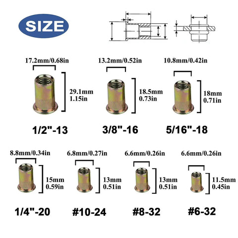 Diagram showing sizes of Pro Grade 860Pcs Rivet Nut Kit With SAE UNC Rivet Nuts Assortment including dimensions for each nut size.