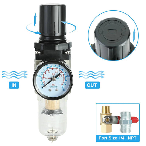 Hromee 1/4 in air compressor filter regulator combo with gauge and water/oil separator, drain and ball valve