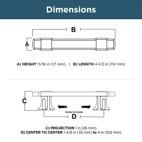 Diagram of Matte Black Adjustable Drawer Pulls 5 Pack Fits 1-3/8 To 4 Inch Hole Centers with dimensions listed.