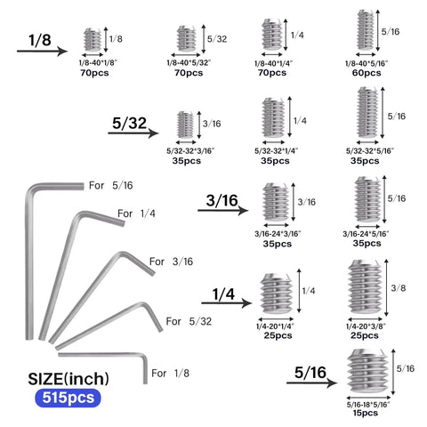 Massive 1305 Piece Metric And SAE Set Screw Kit With Internal Hex Drive Headless Screws, hex wrench sizes 1/8 to 5/16 inch shown