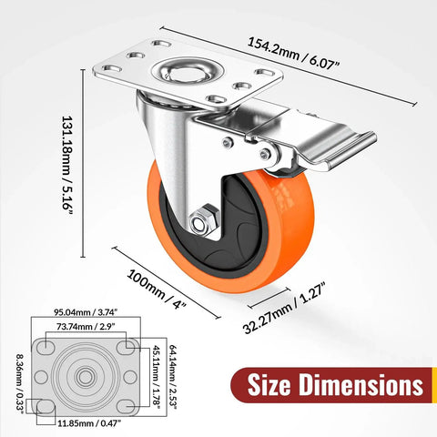 Diagram of Stainless Steel 4 Inch Casters Set Of Four For Furniture And Equipment Anti Rust 304 Stainless Steel Heavy Duty Wheels
