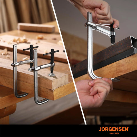 Jorgensen bar clamps, 6-inch heavy-duty drop-forged steel, 2-pack for woodworking and welding, shown clamping wood