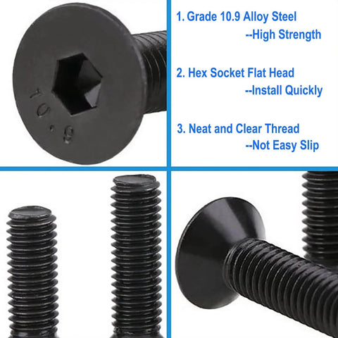 Flat Head Hex Socket Cap Screws Set M5 8 12 16 20 30mm Fully Threaded Rugged Black Oxide Alloy Steel Grade 10.9 CSK Allen Head Machine Screws With Hex Key HanTof, showcasing close-up view and details on threading and head design.