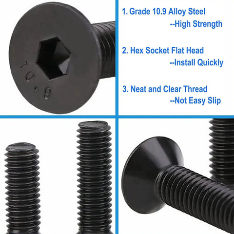Close-up of 125 Piece Grade Ten Point Nine Alloy Steel Flat Head Hex Socket Cap Screws Set M3 X 8 12 16 20 25 MM With Allen Key
