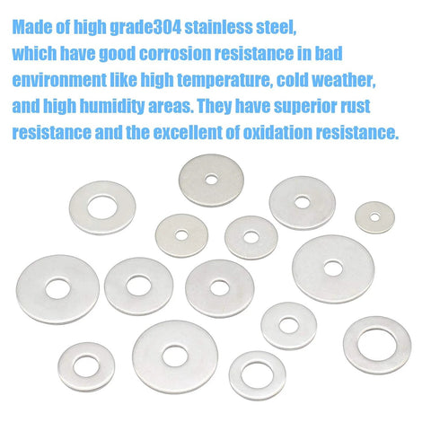 Fender washer assortment in 304 stainless steel, 220 pieces, 15 sizes (M3–M12)