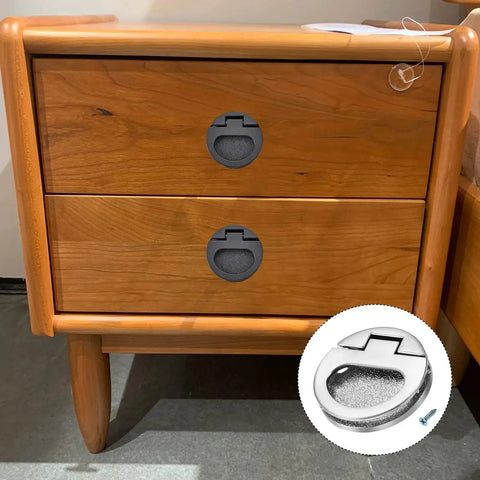 Flush Ring Pull Handles 43.5mm Zinc Alloy Flush Pull Slam Latch with screws on wooden drawer, dark silver finish.