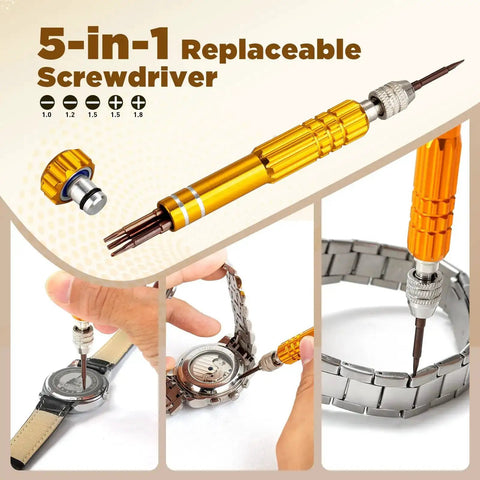 All In One Watch Repair Tool Kit With Press Tool And Link Removal Set Spring Bar Tool Set Battery Replacement Kit Case Back Opener And Watch Band Tools for DIY watch maintenance.