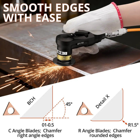 Handheld Pneumatic Chamfering Tool Kit Pro Grade With 12 C Angle And 10 R Angle Tungsten Blades in use on metal surface