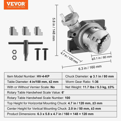4 Inch Milling Rotary Table For Milling Machines Horizontal And Vertical Precision Indexing With 3 Jaw Chuck 80 Mm M10 T Bolts Nuts Includes 3.1 Inch Clamping Range For Small Shop Wood And Metal Workpieces shown with dimensions and parts listed.