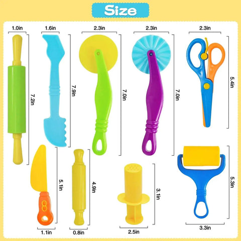 Creative 9 Piece Dough Tool Set For Kids Ages 4 To 8 With Colorful Cutters Rolling Pins Plastic Scissors Plastic Knife And Rollers