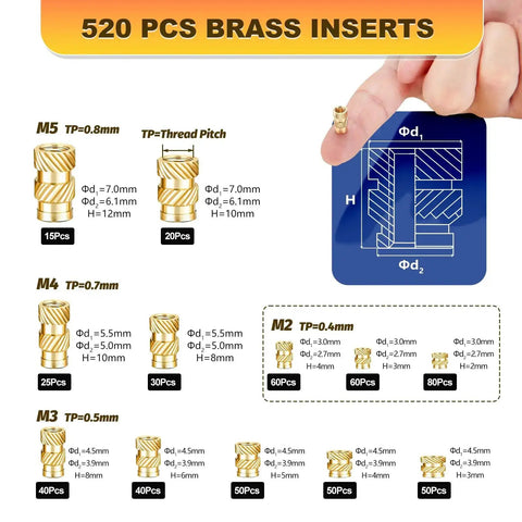 Close-up of 80W Heat Set Insert Tool Kit showing 520 brass inserts for M2-M8 threads with diagram of insert dimensions.