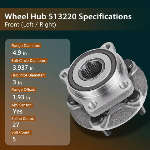 Front And Rear Wheel Bearing Hub Assembly 4 Piece Set For 2010 2014 Subaru Outback And Legacy 5 Lug With ABS Encoder 4 Bolt Square Flange Left Right Compatible, shown with specifications