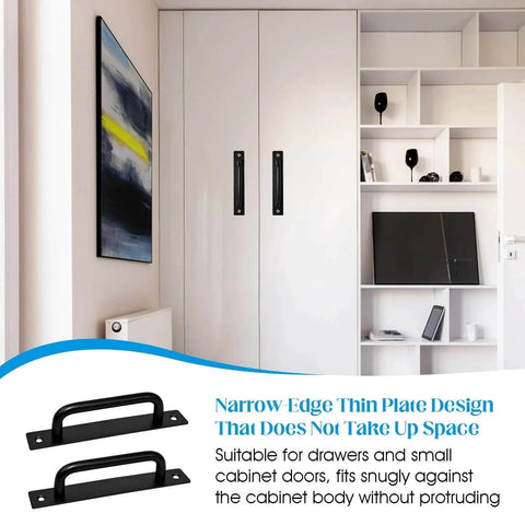 Modern white cabinet with 5 Inch Black Barn Door Handles 2 Pack Premium Aluminum Alloy Cabinet Pull Handles With Screws