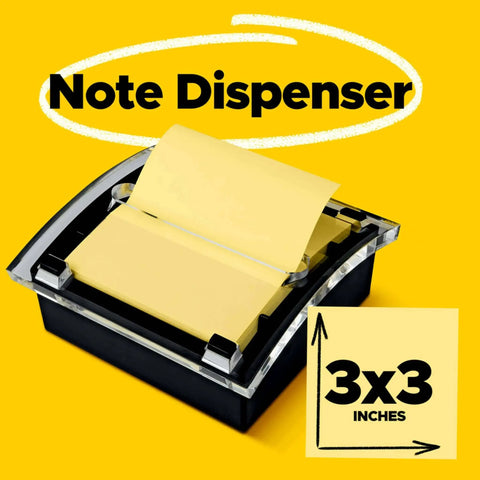 Pop-up sticky note dispenser with one 50-sheet canary yellow 3 in x 3 in pad, black base and clear lid desktop holder