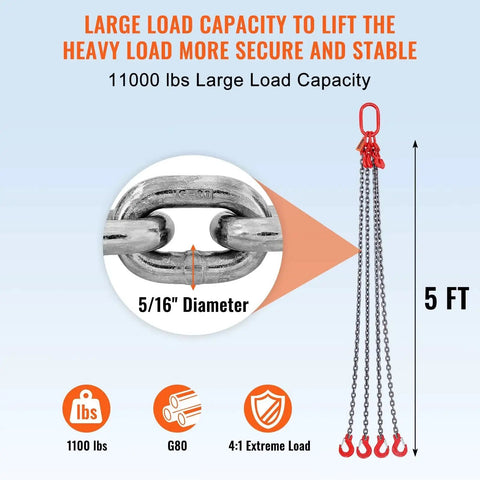 VEVOR chain sling, 5/16 in dia, 5 ft, four-leg with red hooks, G80-rated